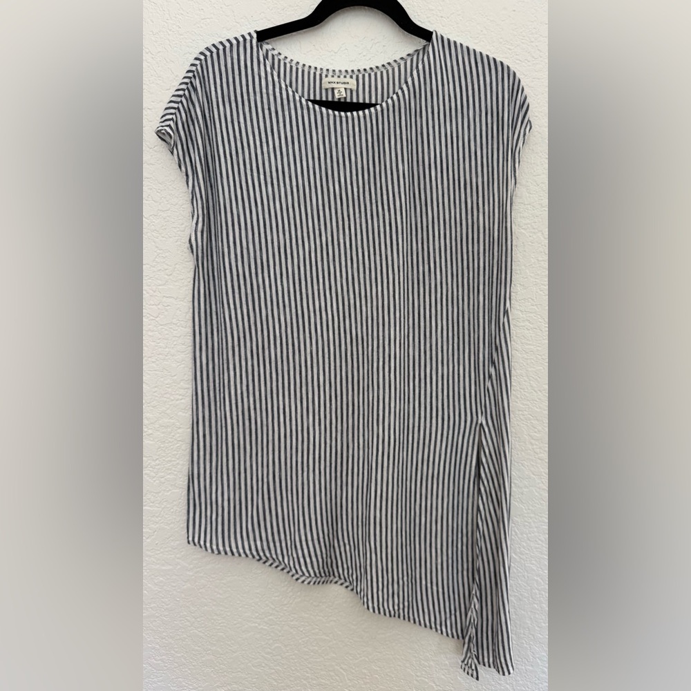 Max Studio Navy and White Striped Tunic Top Size M